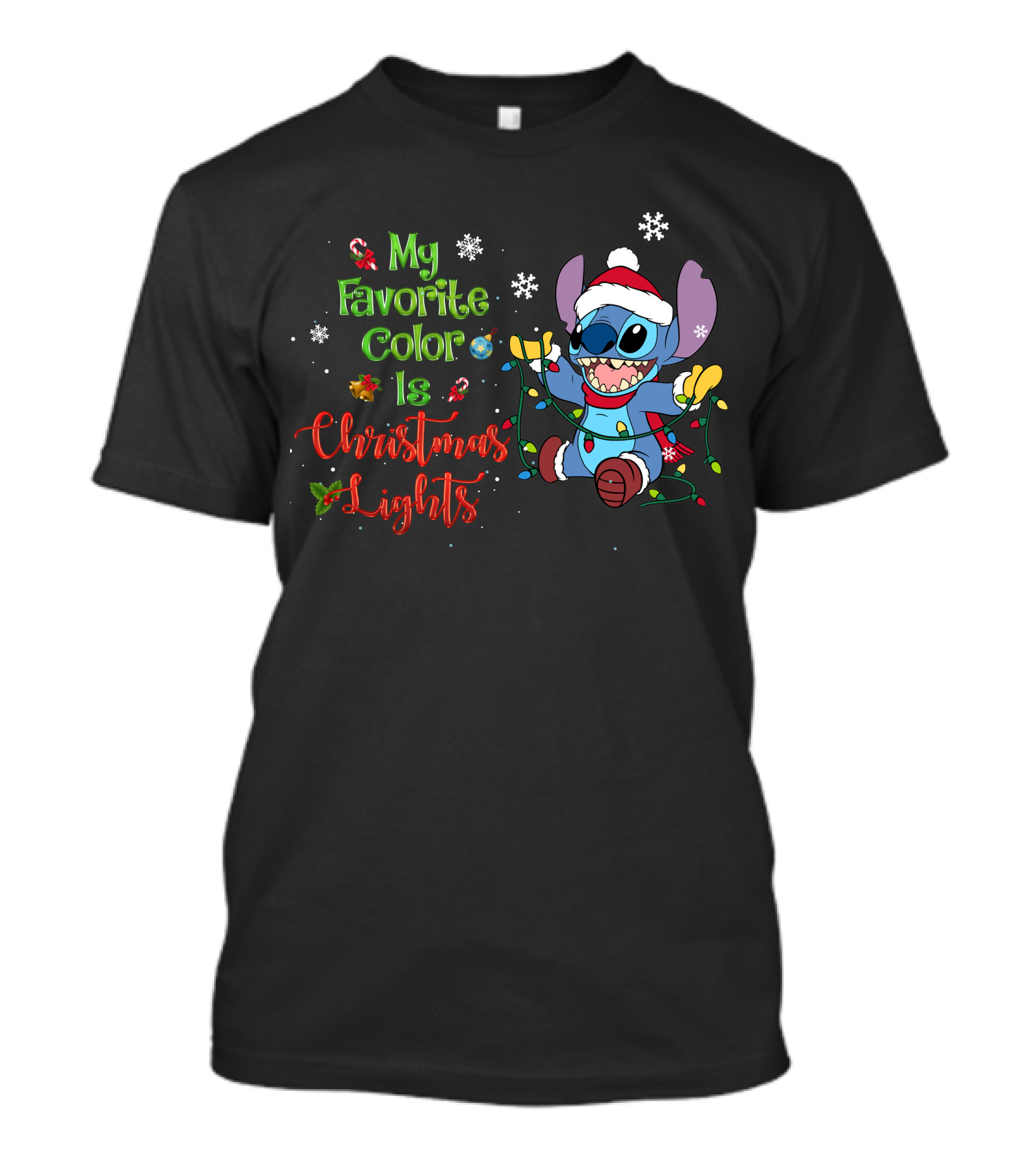 My Favorite Color Is Christmas Lights Stitch Holiday Lights Snowflakes Santa Hat T-Shirt