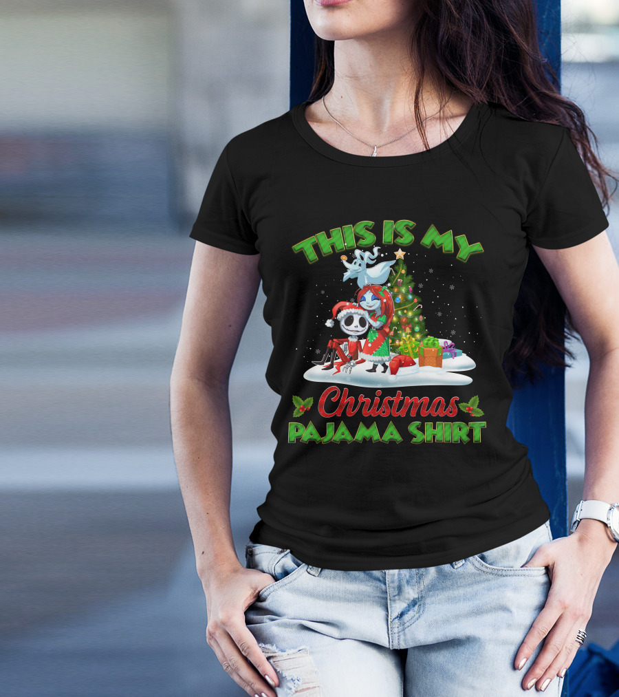 This Is My Christmas Pajama Shirt Jack Skellington And Sally Holiday Tree Scene T-Shirt