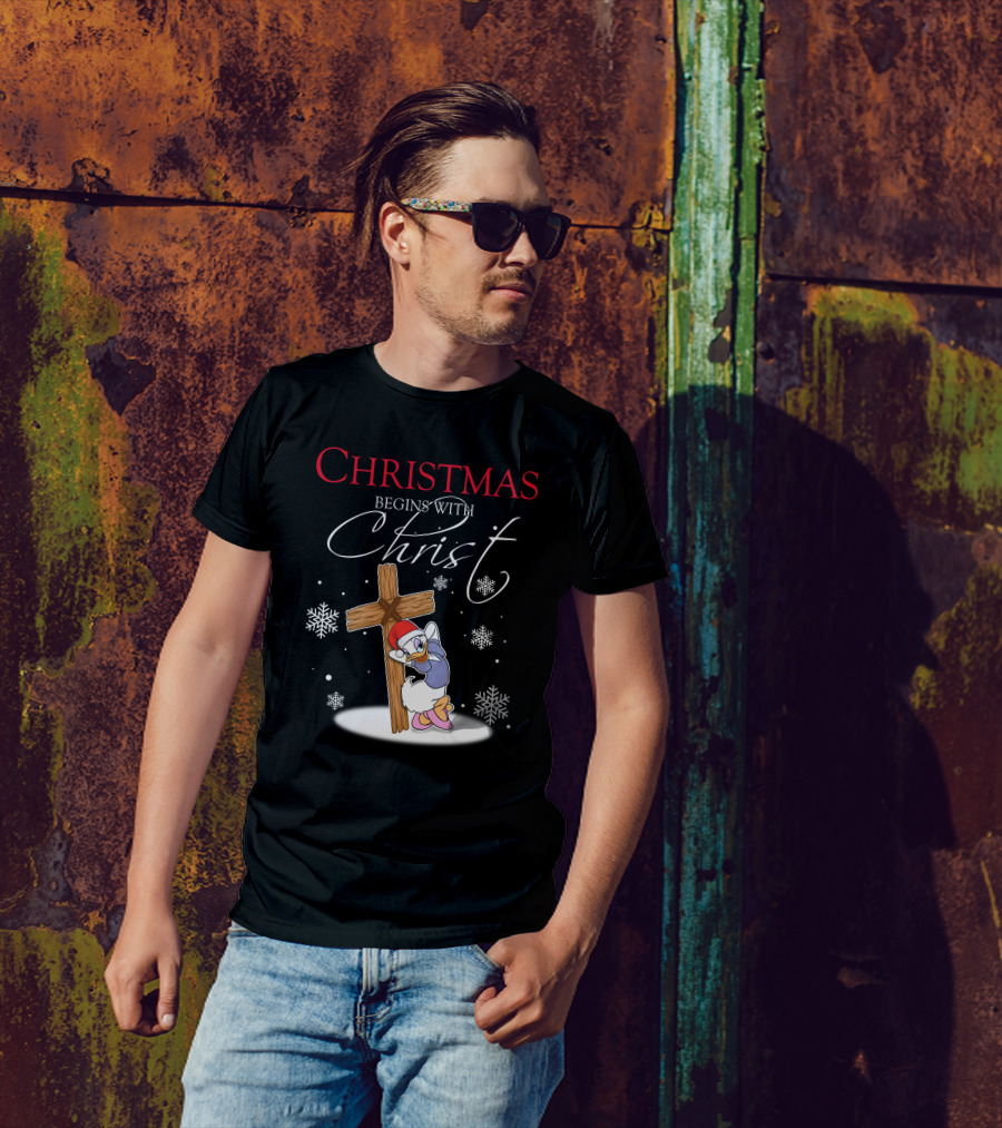 Christmas Begins With Christ Daisy With Cross And Snowflakes T-Shirt