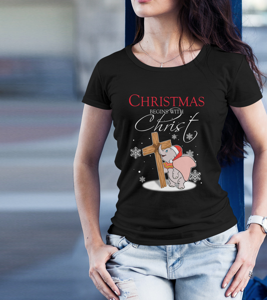 Christmas Begins With Christ Dumbo Santa Hat Cross Snowflakes T-Shirt