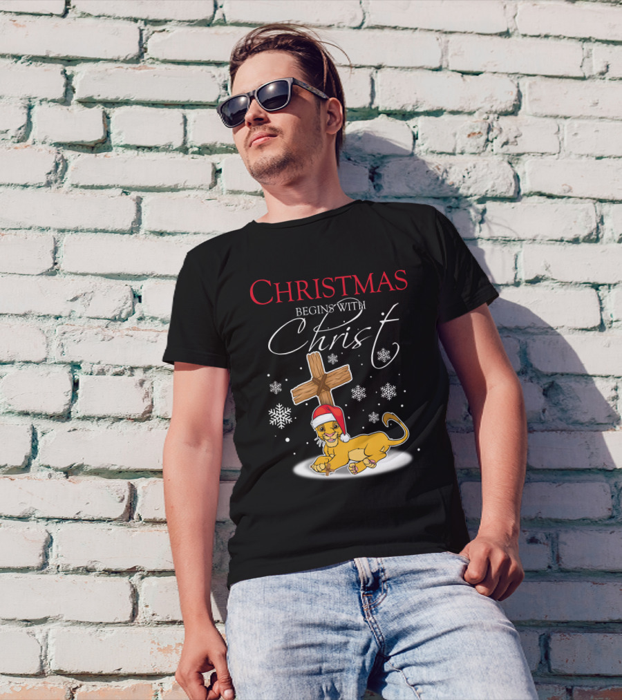 Christmas Begins With Christ Simba Snowflakes Santa Hat T-Shirt
