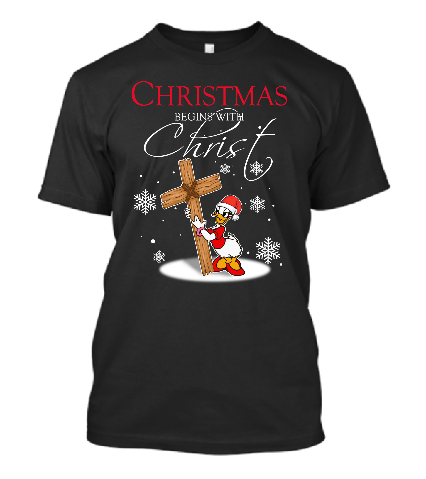 Christmas Begins With Christ Снежинки Крест Рождественский Утка Красный Колпак Носкиobos Отobwhat T-Shirt