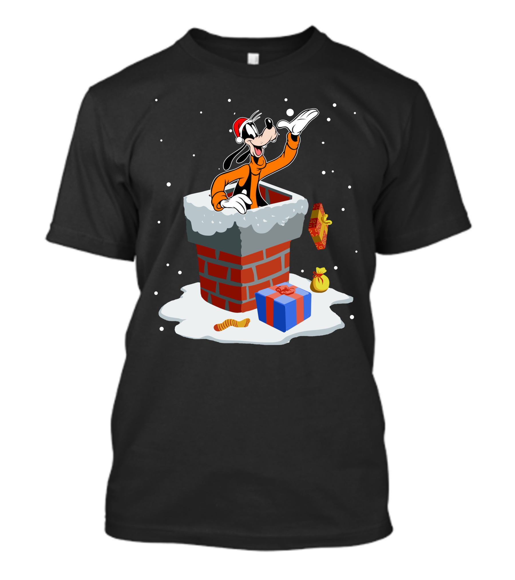 Goofy In Santa Hat Popping Out Of Snowy Chimney With Christmas Gifts T-Shirt