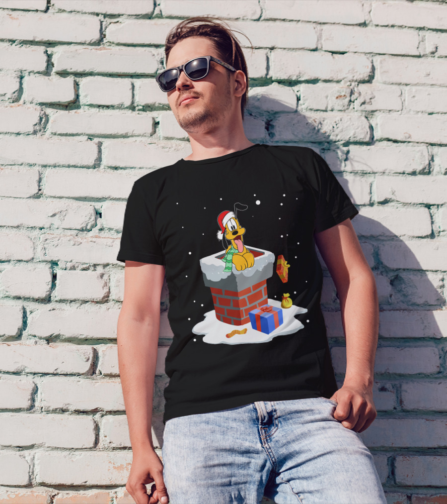 Pluto Christmas Chimney Santa Hat Holiday Scene T-Shirt