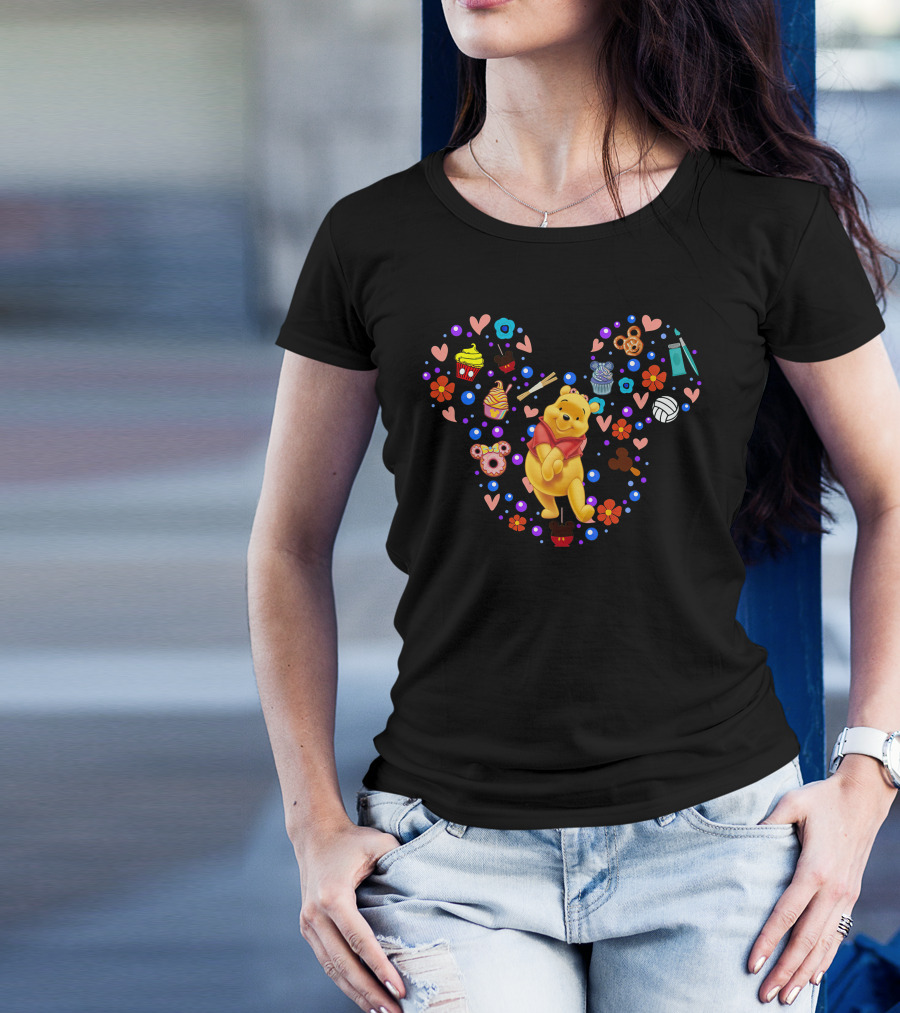 Pooh Heart With Cupcakes And Flowers T-Shirt