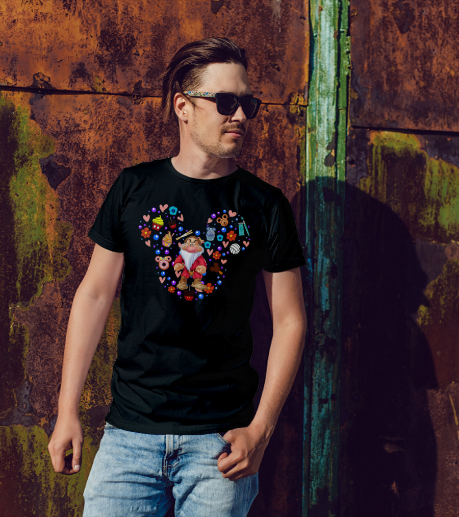 Grumpy Dwarf With Mickey-Shaped Sweets And Colorful Floral Hearts T-Shirt