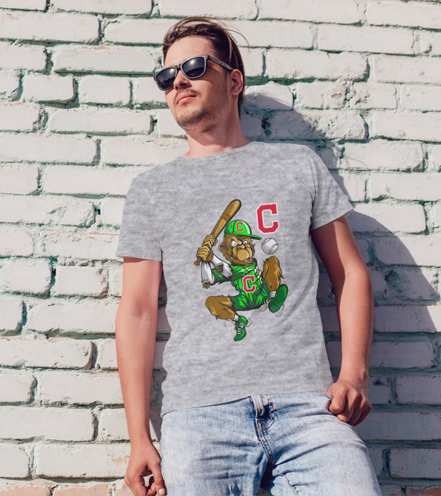 Cleveland Indians Home Run C Logo Green Jersey Baseball Bat Mascot T-Shirt