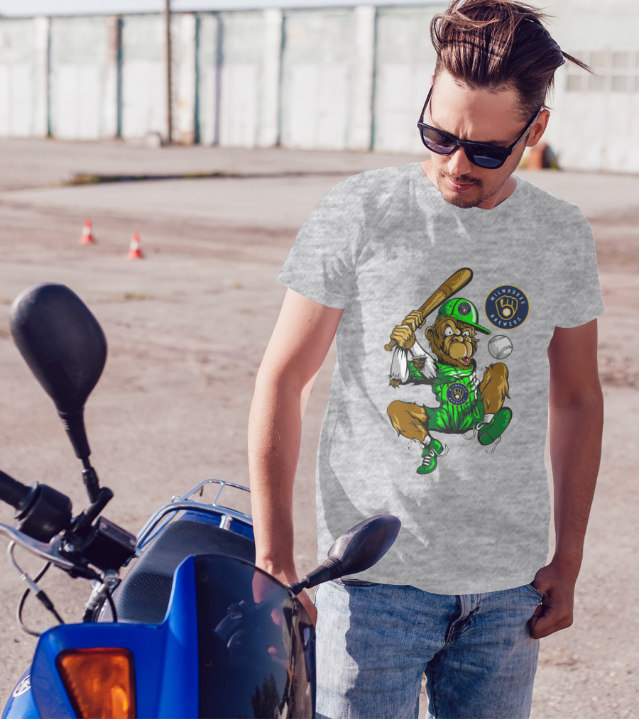 Milwaukee Brewers Baseball Mascot Swinging Bat In Green Uniform T-Shirt