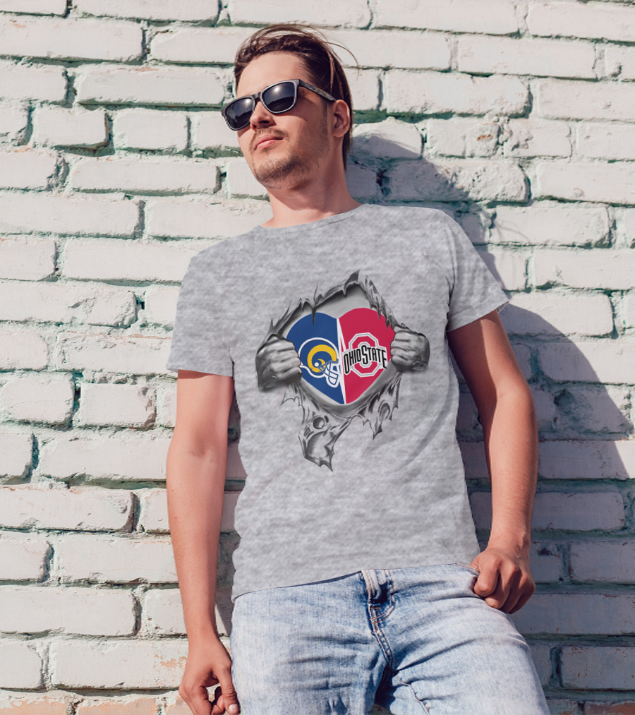 Rams Ohio State Heart Logos Tearing Through Fabric T-Shirt