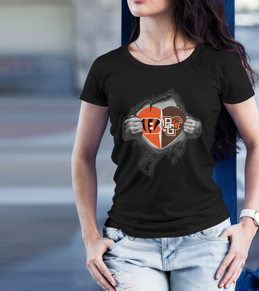 Bengals Bowling Green Falcons Heart Split Logos United T-Shirt