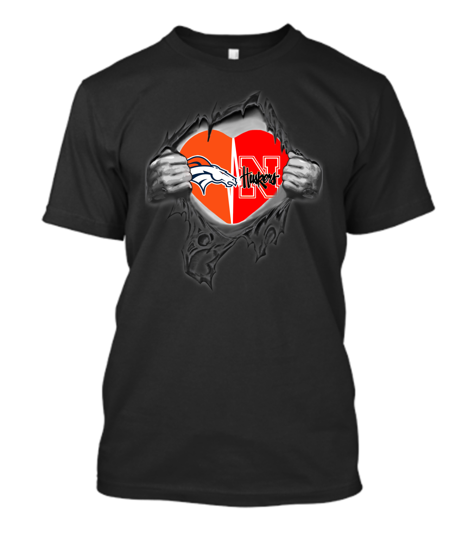 Broncos Huskers Logo Heart Rip T-Shirt