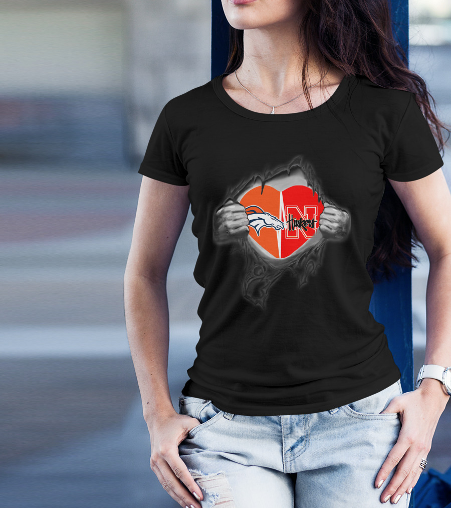 Broncos Huskers Logo Heart Rip T-Shirt