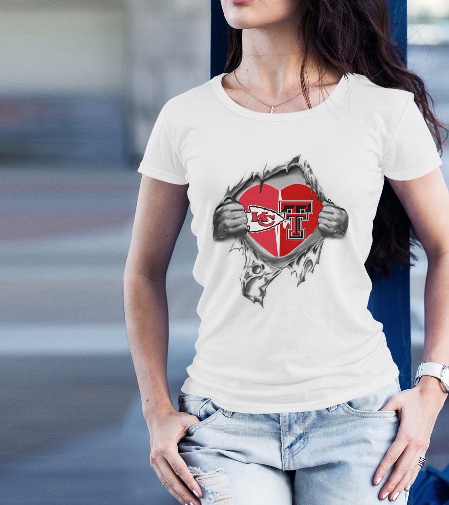 Kansas City Chiefs Texas Tech Heart Logos Torn T-Shirt