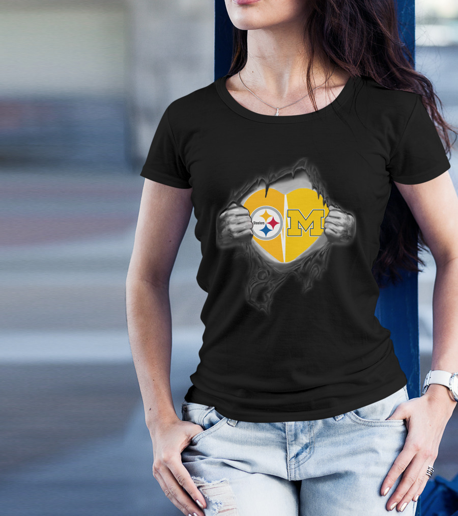 Steelers And Michigan Heart Symbol Inside Ripped Skin T-Shirt