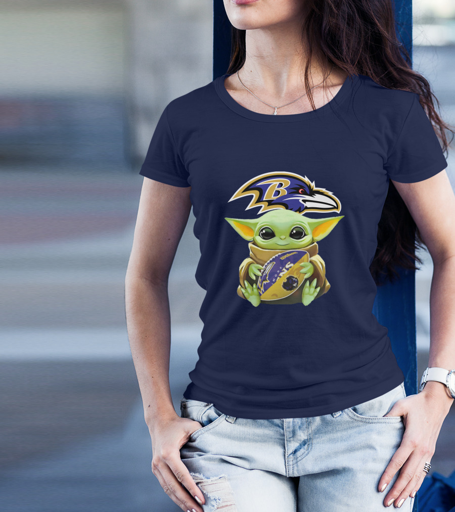 Baltimore Ravens Baby Yoda Holding Football With Team T-Shirt