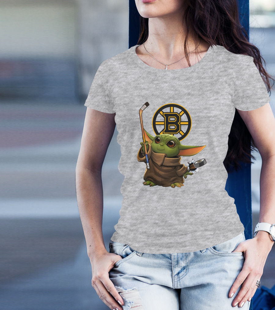 Boston Bruins Baby Yoda Hockey Stick Puck Character T-Shirt