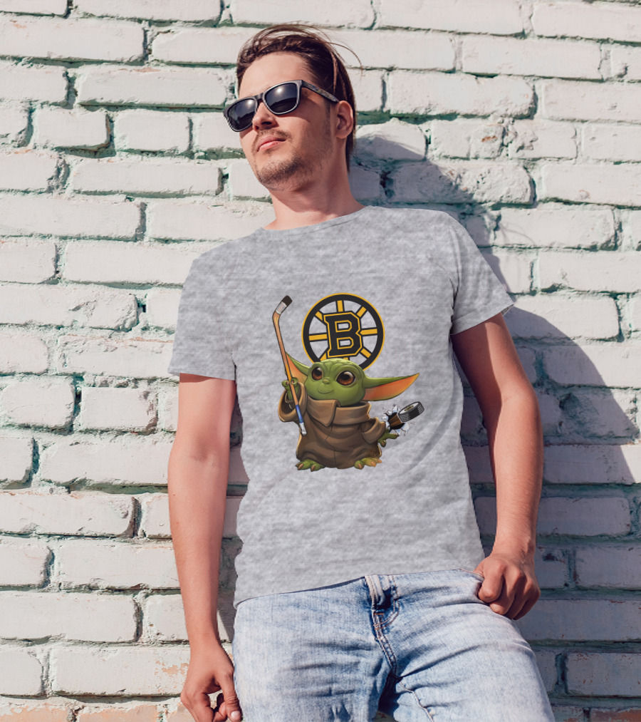 Boston Bruins Baby Yoda Hockey Stick Puck Character T-Shirt