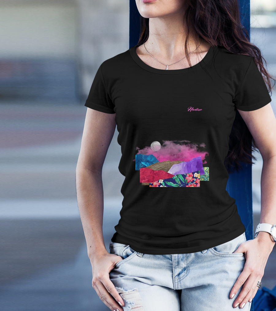 Nadine Lott Vibrant Floral Pattern With Pink And Blue Textures And White Moon T-Shirt