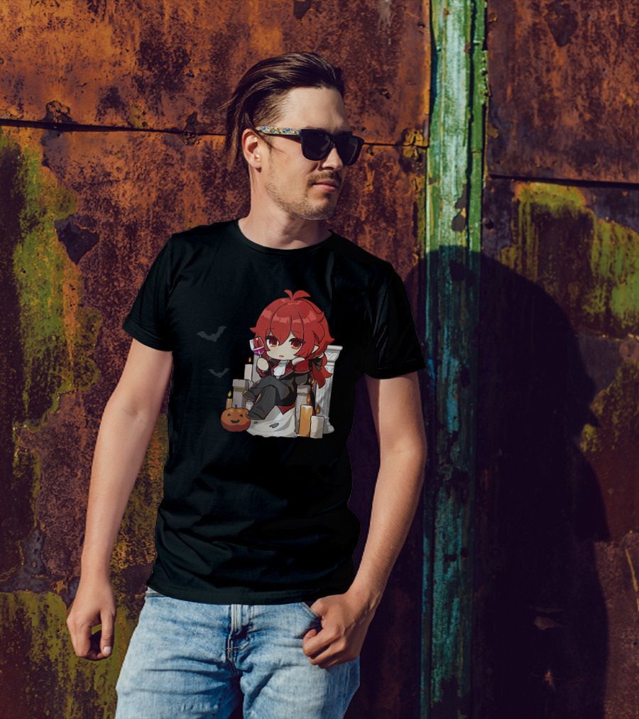 Genshin Impact Diluc Halloween Sitting With Wine And Jack-o'-Lantern T-Shirt