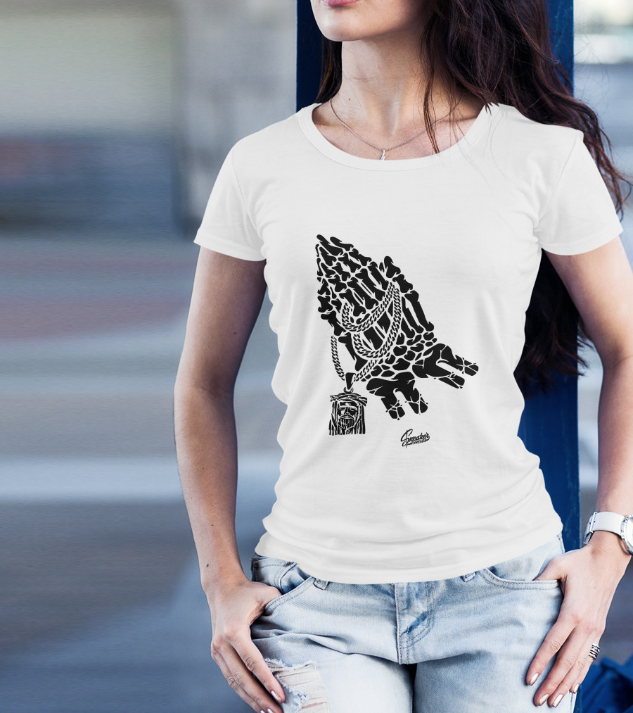 Spreaders Threads Bone Hand Necklace Pray Sneaker T-Shirt