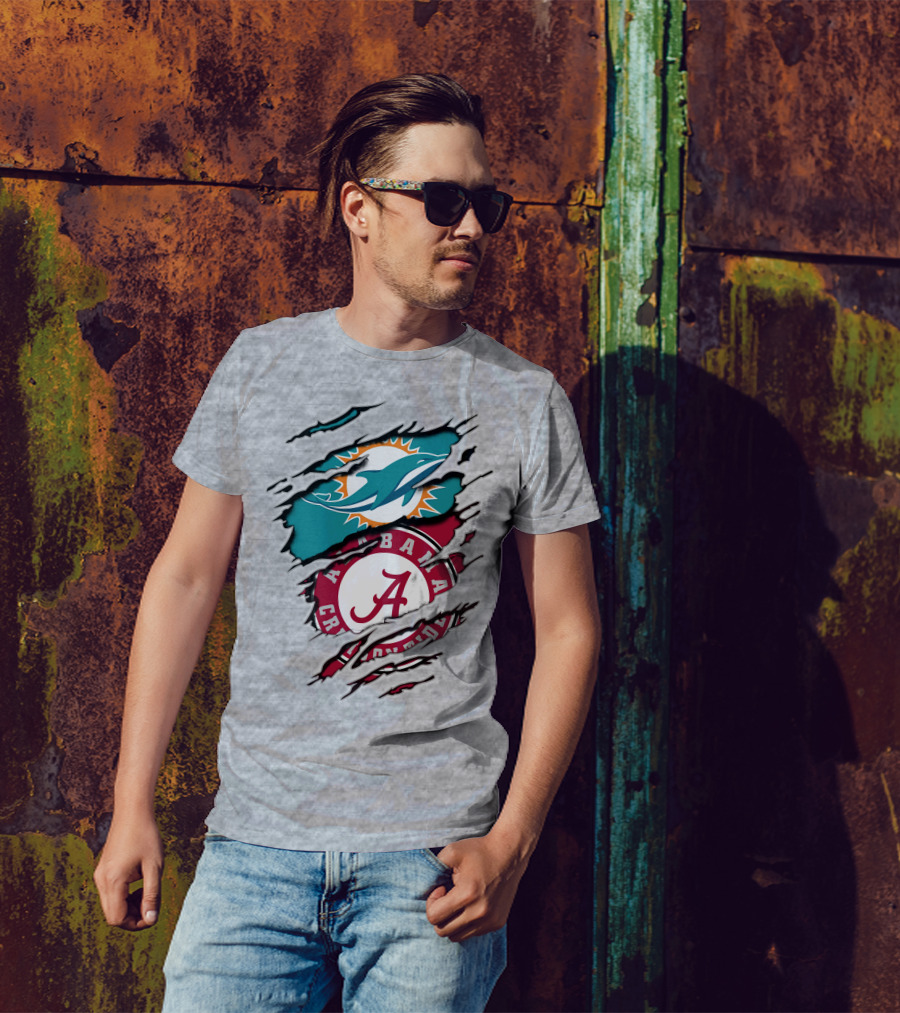 Alabama Crimson Tide And Miami Dolphins Logo Fusion T-Shirt