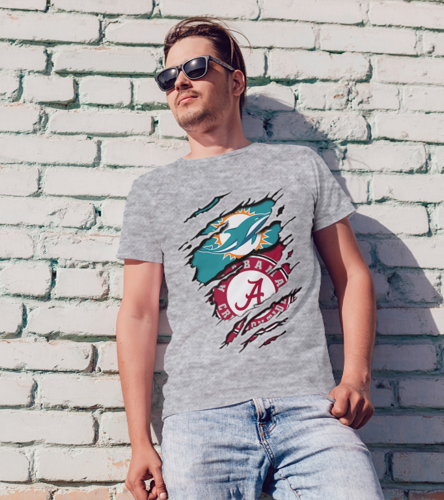Alabama Crimson Tide And Miami Dolphins Logo Fusion T-Shirt