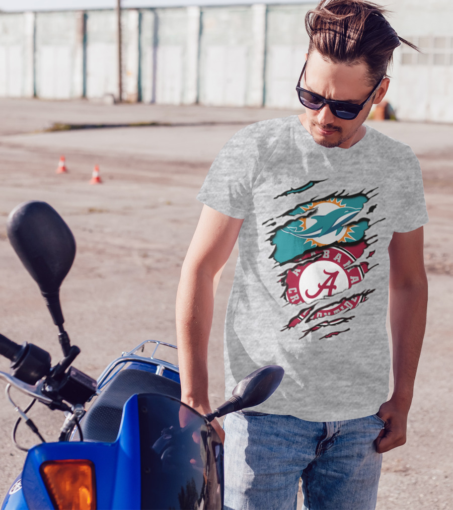 Alabama Crimson Tide And Miami Dolphins Logo Fusion T-Shirt