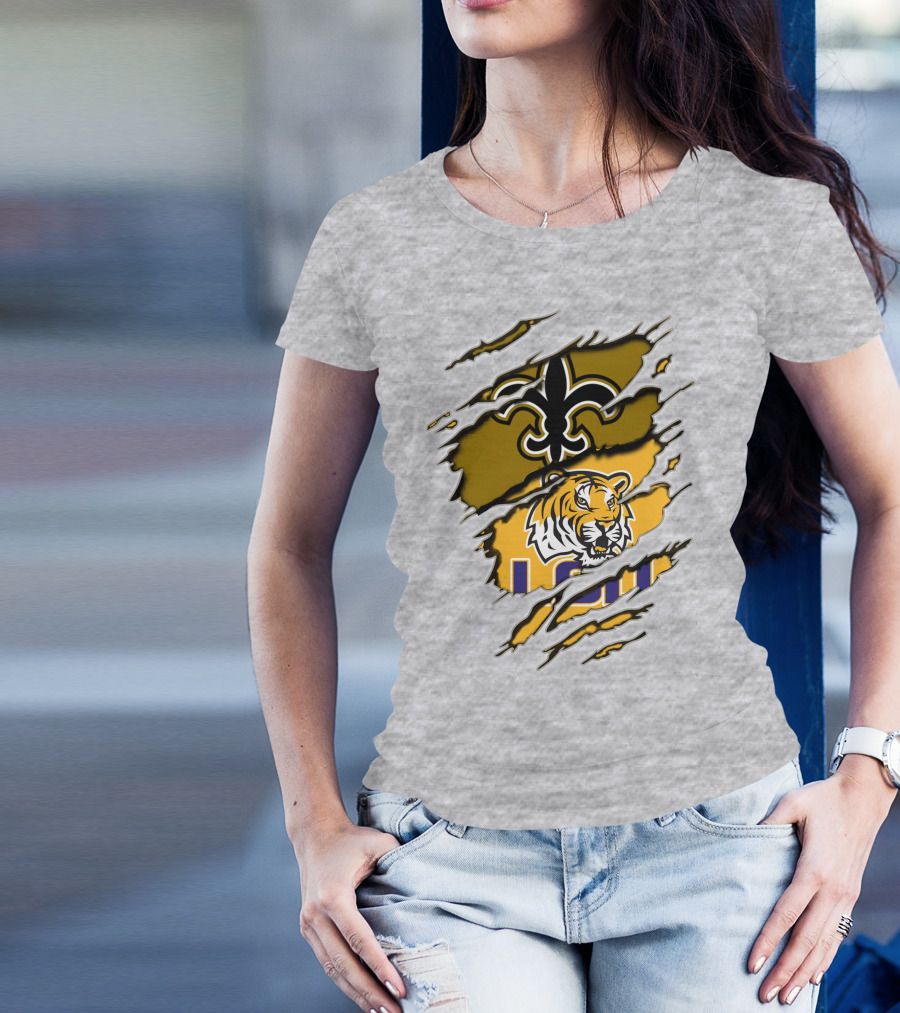 Saints Fleur-de-Lis And LSU Tiger Logo Combination T-Shirt