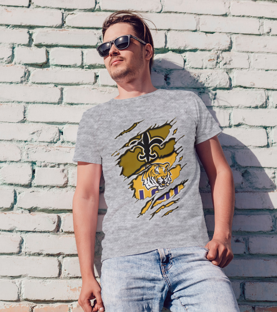 Saints Fleur-de-Lis And LSU Tiger Logo Combination T-Shirt