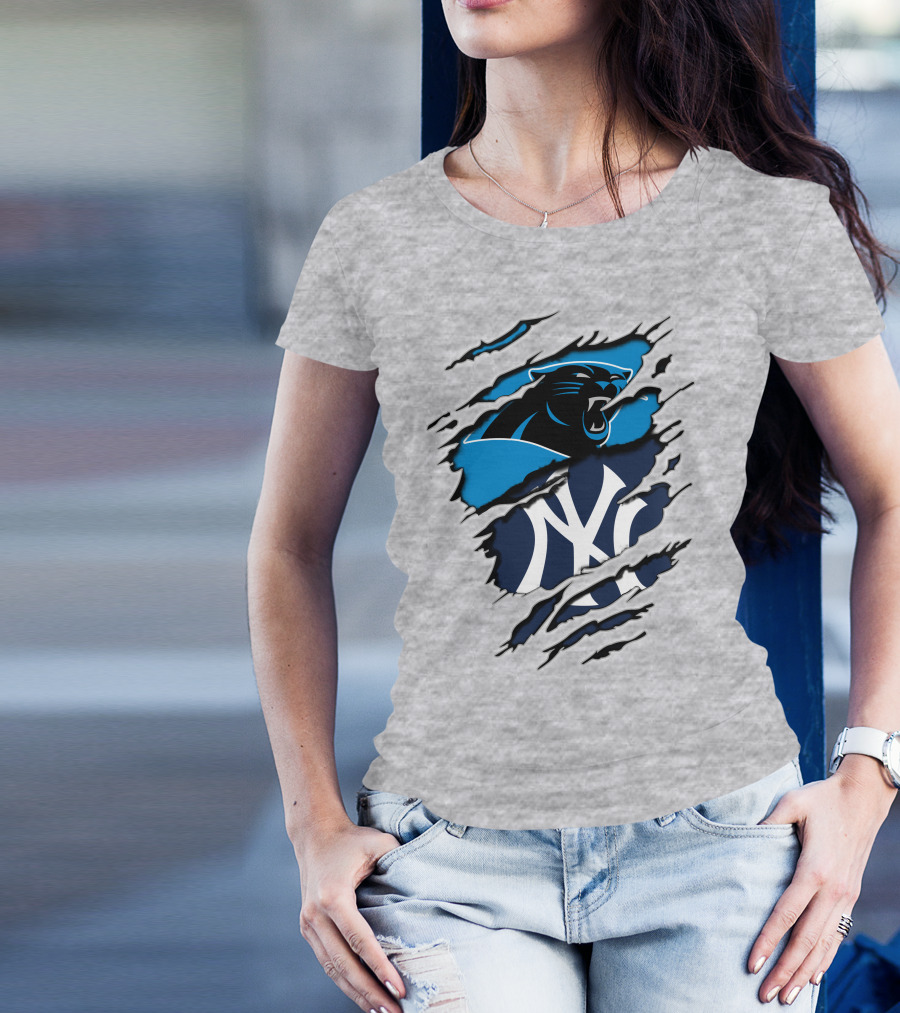 Panthers Yankees Claw Rip Logos Mashup T-Shirt