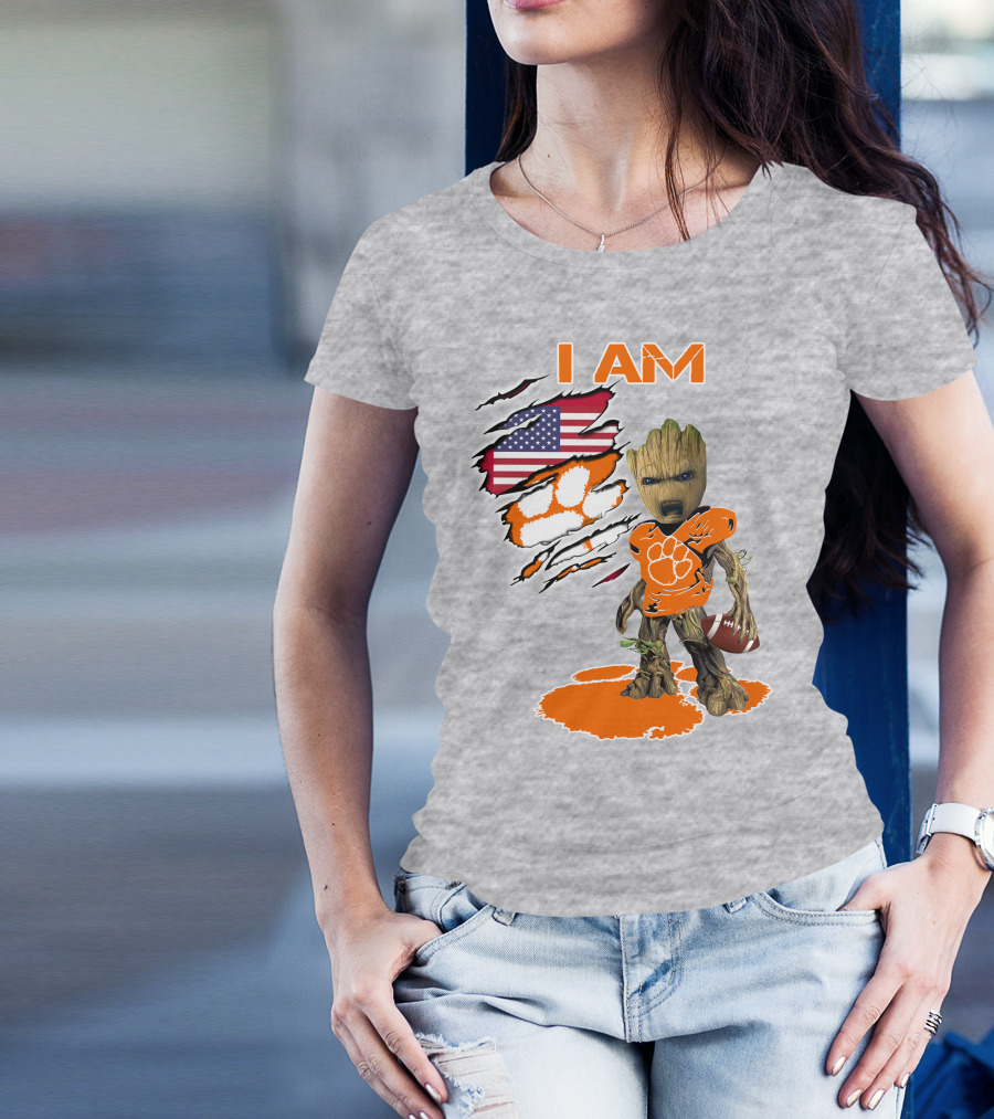 I AM Groot Clemson Football American Flag Background T-Shirt