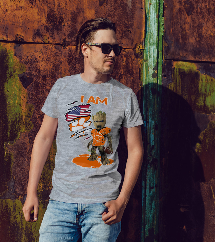 I AM Groot Clemson Football American Flag Background T-Shirt