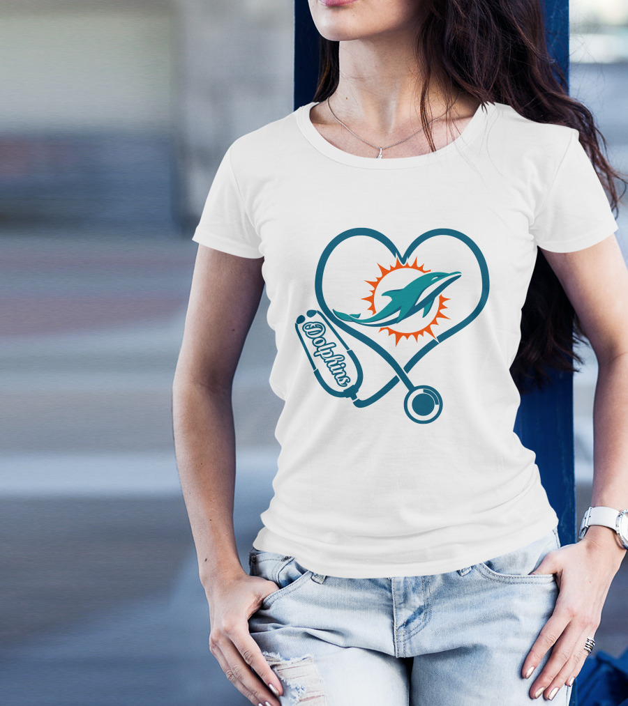 Nurse Heart Stethoscope Miami Dolphins T-Shirt