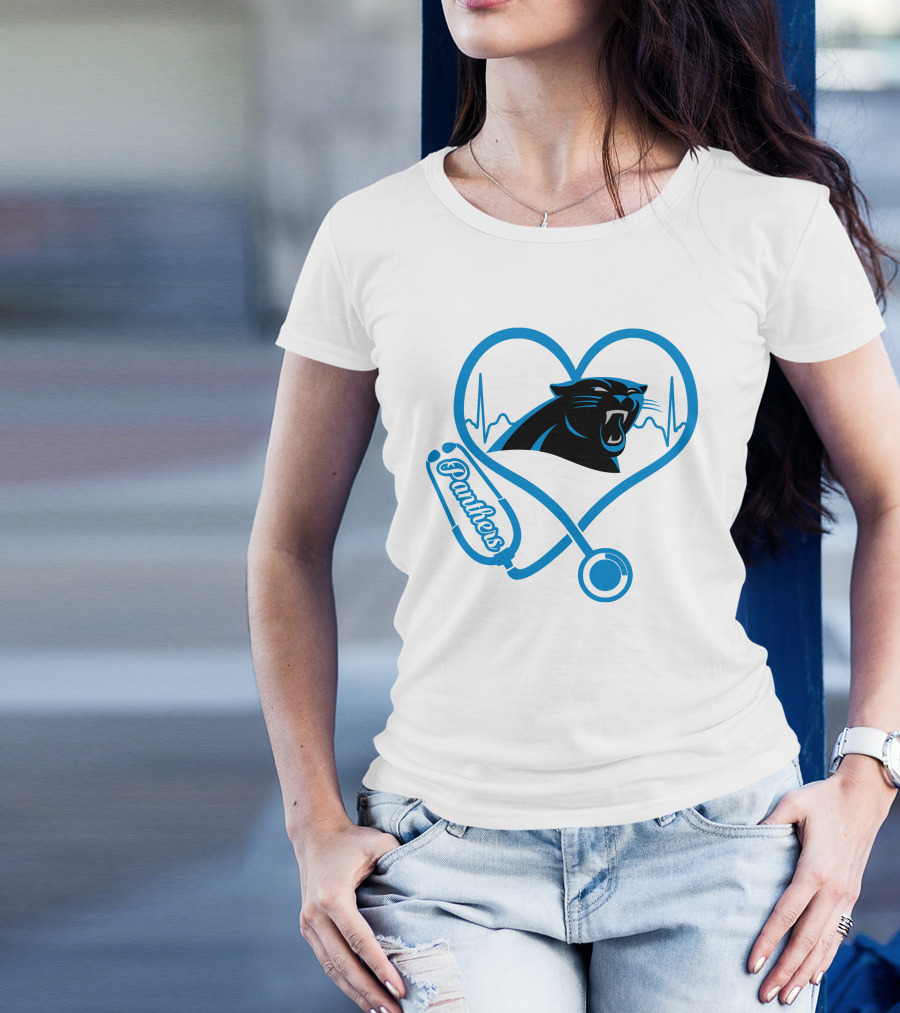 Carolina Panthers Nurse Love Stethoscope Heartbeat Panthers T-Shirt