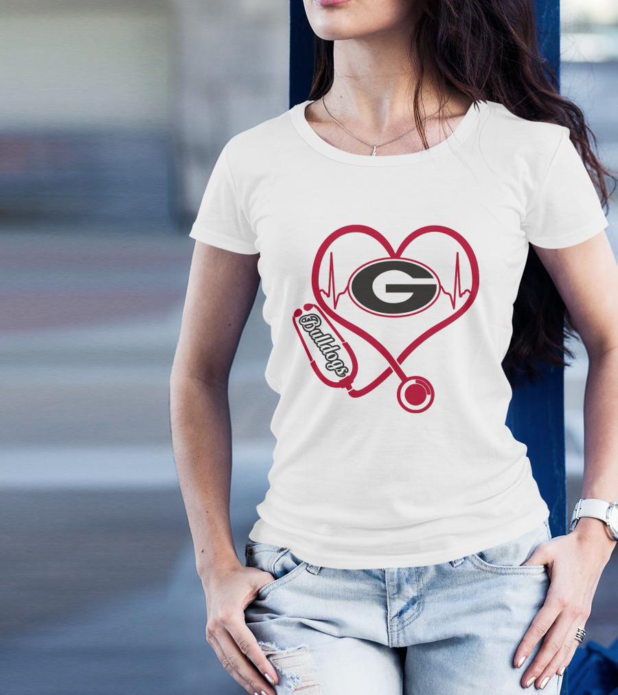 Nurse Heartbeat Love Georgia Bulldogs Stethoscope T-Shirt