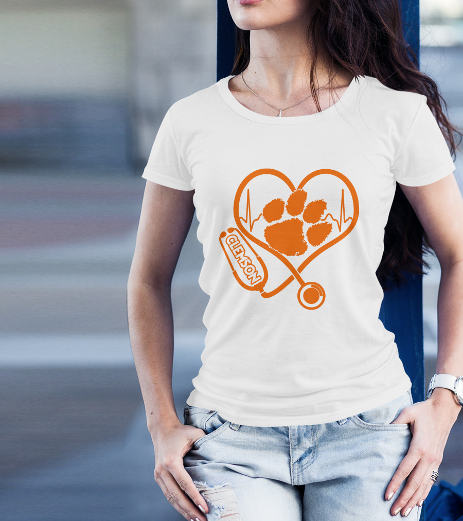 Clemson Tigers Nurse Heartbeat Paw Stethoscope T-Shirt