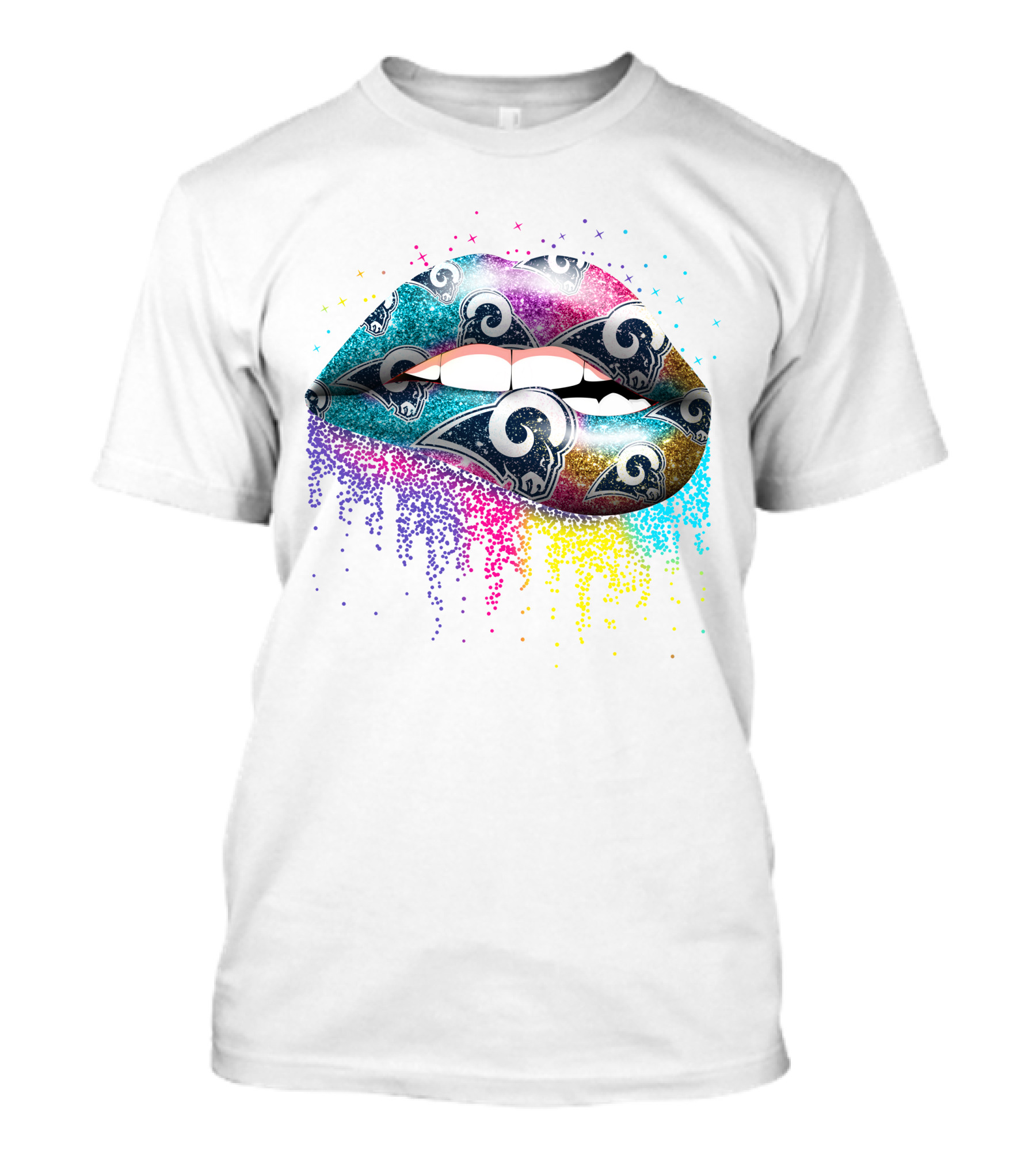 Lips Glitter Los Angeles Rams Logo Rainbow Burst T-Shirt