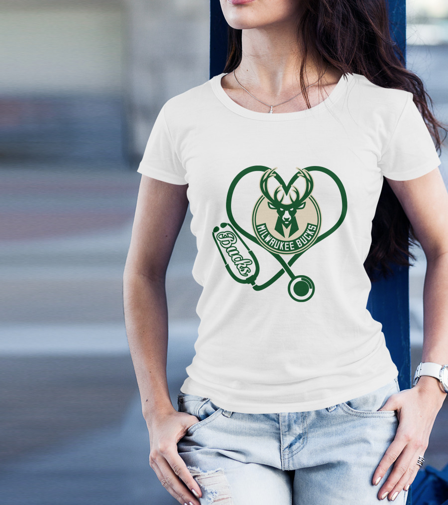 Milwaukee Bucks Nurse Love Heart Stethoscope T-Shirt