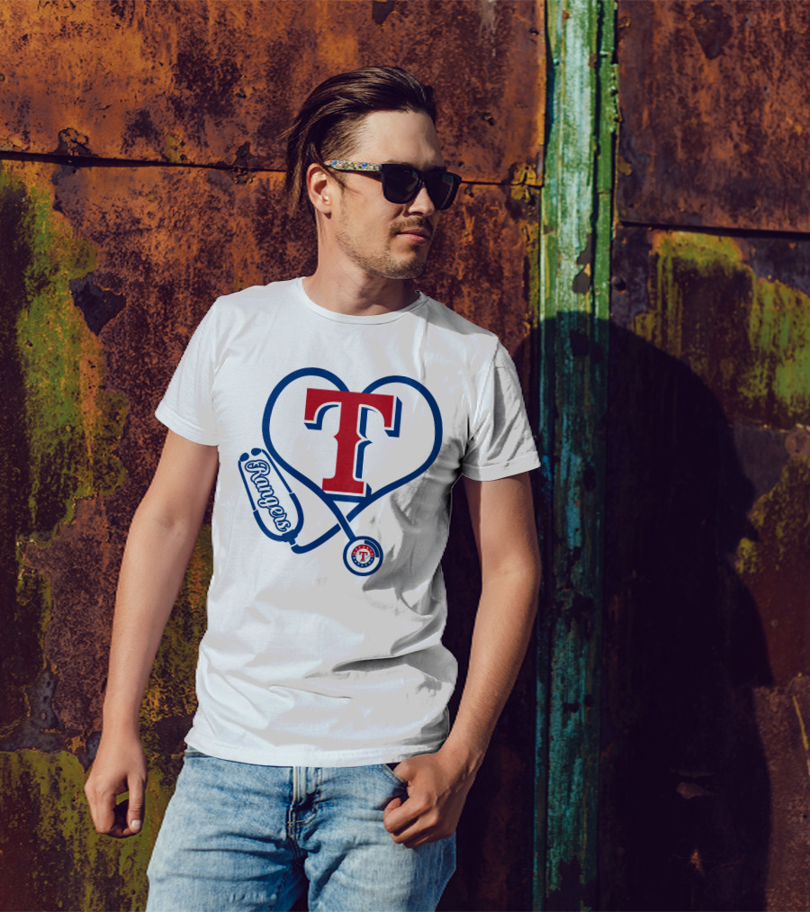 Nurse Love Texas Rangers Stethoscope Heart T-Shirt