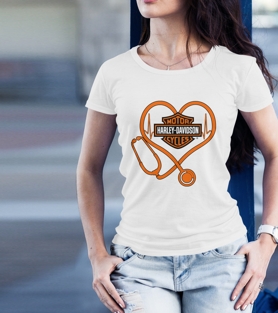 Nurse Love Harley Davidson Motorcycles Stethoscope Heartbeat T-Shirt