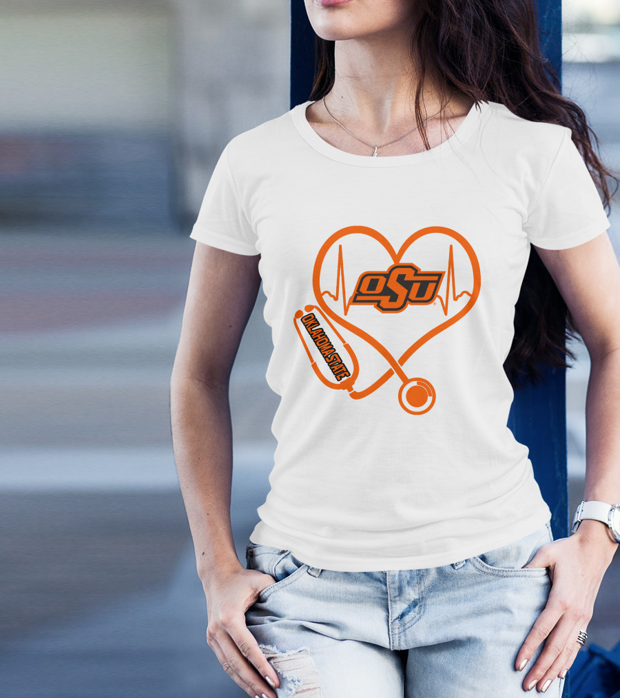 Oklahoma State Cowboys Nurse Love Heart Stethoscope T-Shirt