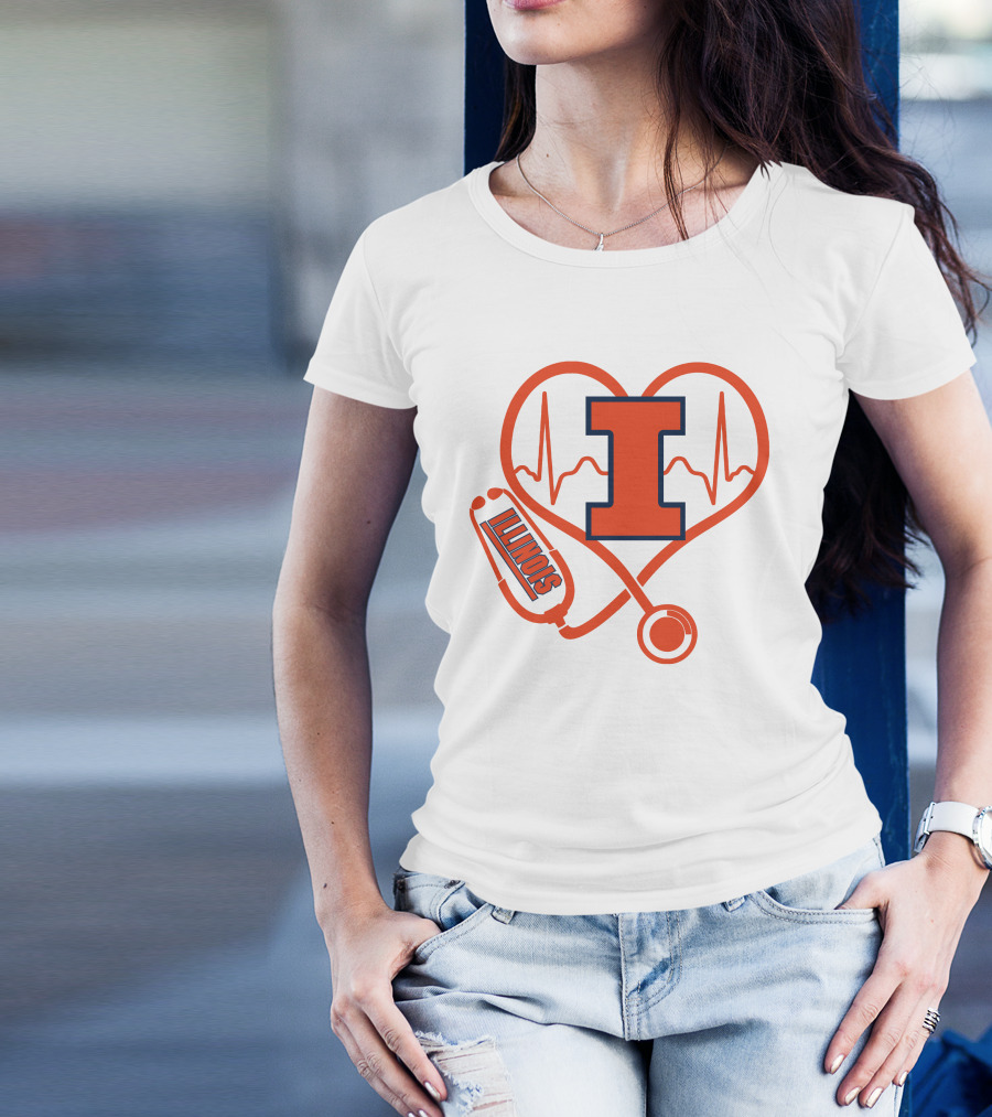 Illinois Fighting Illini Nurse Love Heartbeat Stethoscope T-Shirt