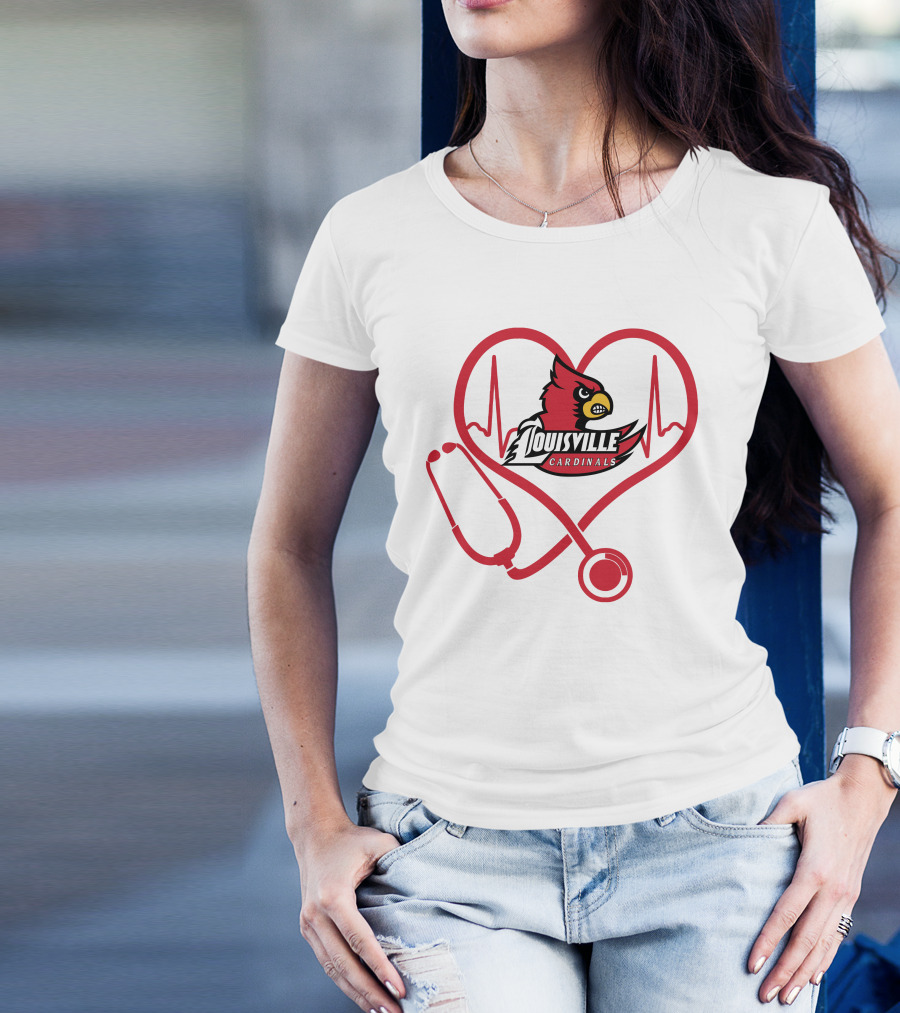 Nurse Love Louisville Cardinals Heartbeat Stethoscope T-Shirt