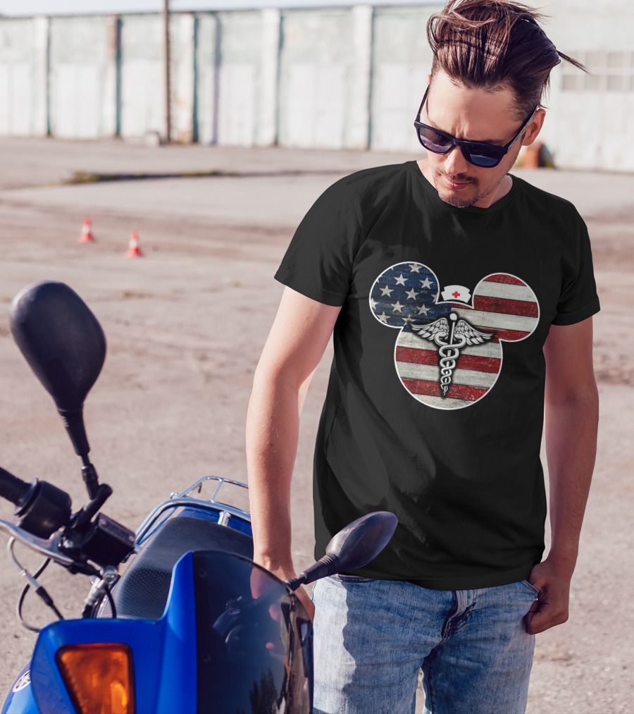 Patriotic Nurse Mickey With Caduceus And American Flag Elements T-Shirt