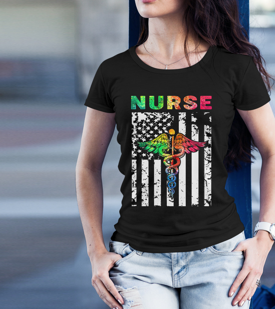 Nurse Usa Flag With Rainbow Caduceus Symbol T-Shirt