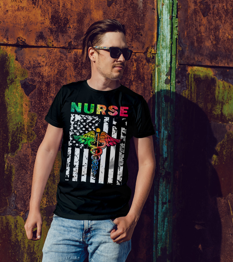 Nurse Usa Flag With Rainbow Caduceus Symbol T-Shirt