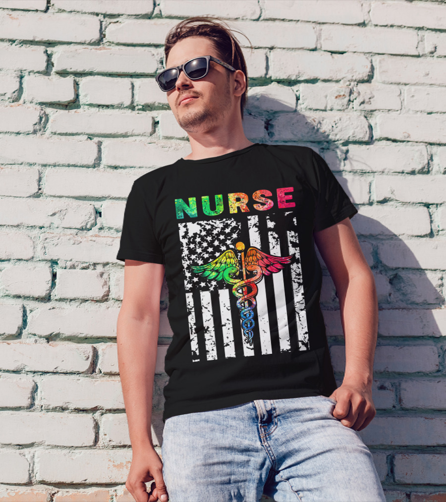 Nurse Usa Flag With Rainbow Caduceus Symbol T-Shirt