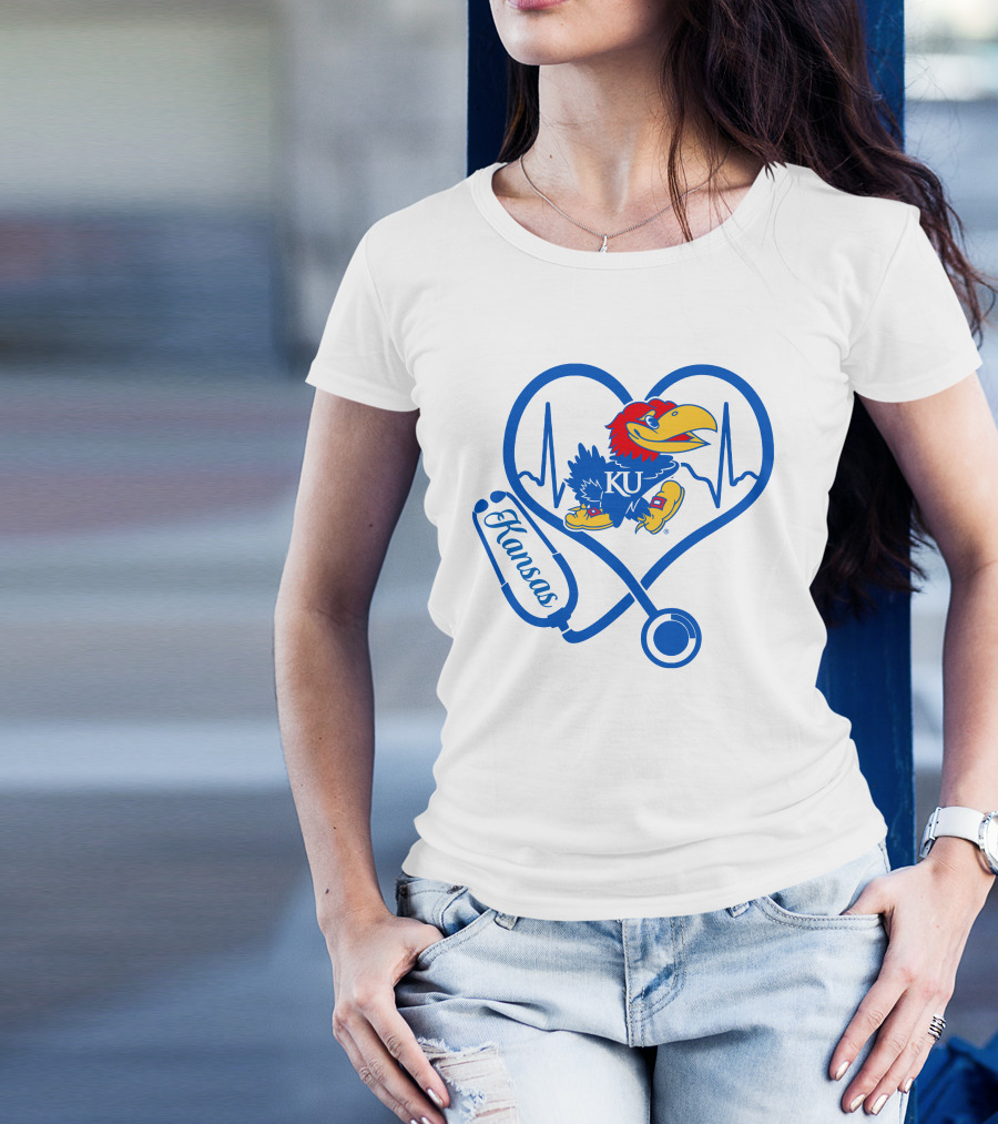 Nurse Love Kansas Jayhawks Heartbeat Stethoscope KU T-Shirt