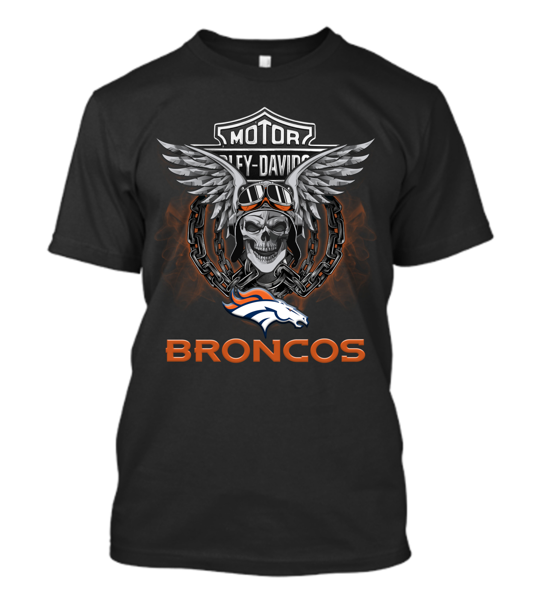 Harley Davidson Motorcycles Denver Broncos Nfl Skull Wings Chain T-Shirt