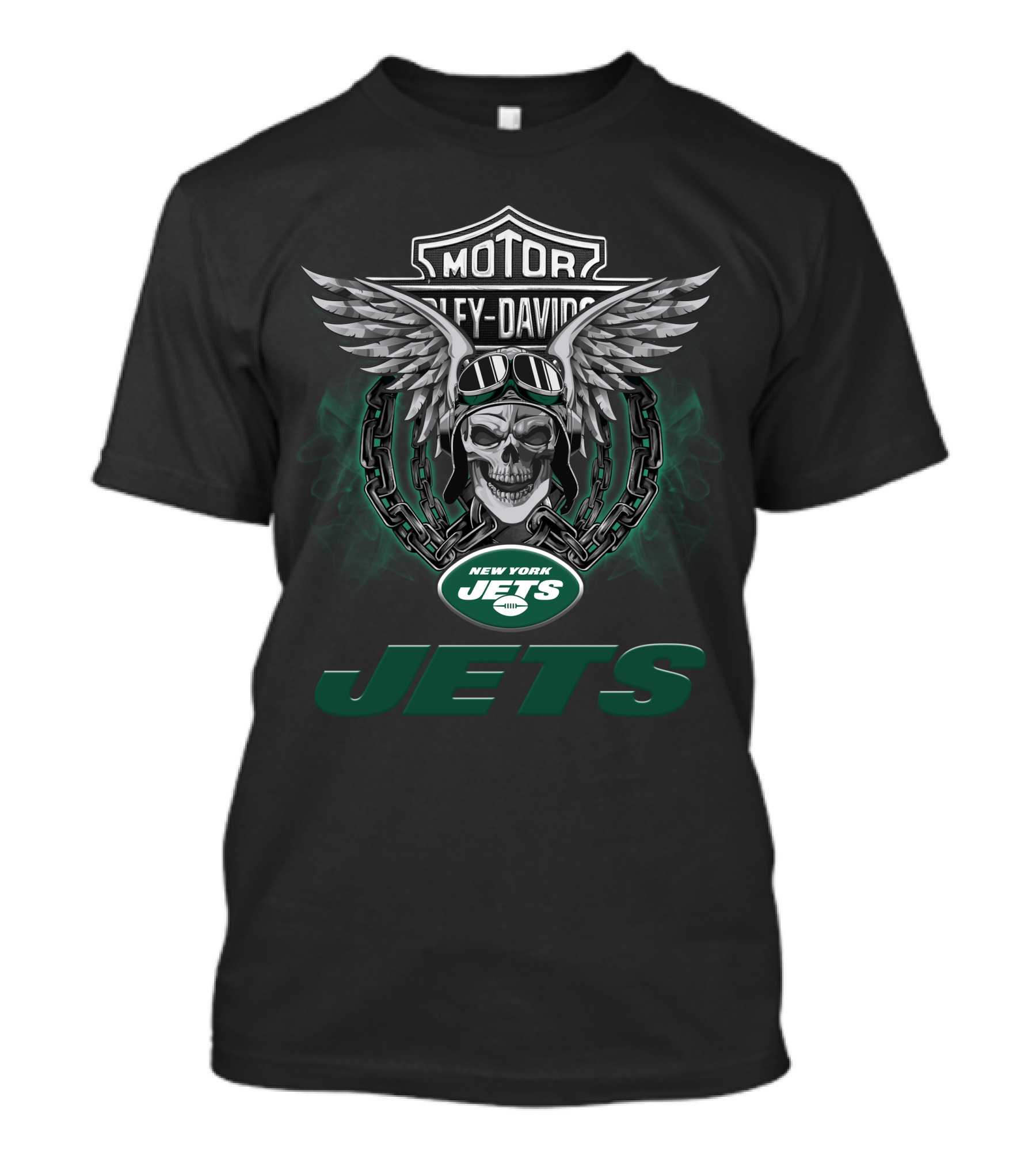 Harley Davidson Motorcycle Biker Skull With Wings Nfl New York Jets T-Shirt